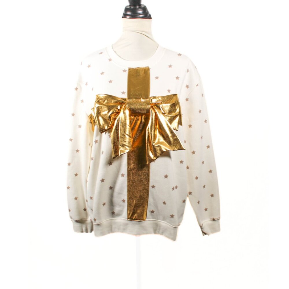 NWT Vinyl Icons Gold Bow & Star Sweatshirt – Women’s L, Cozy Holiday Style